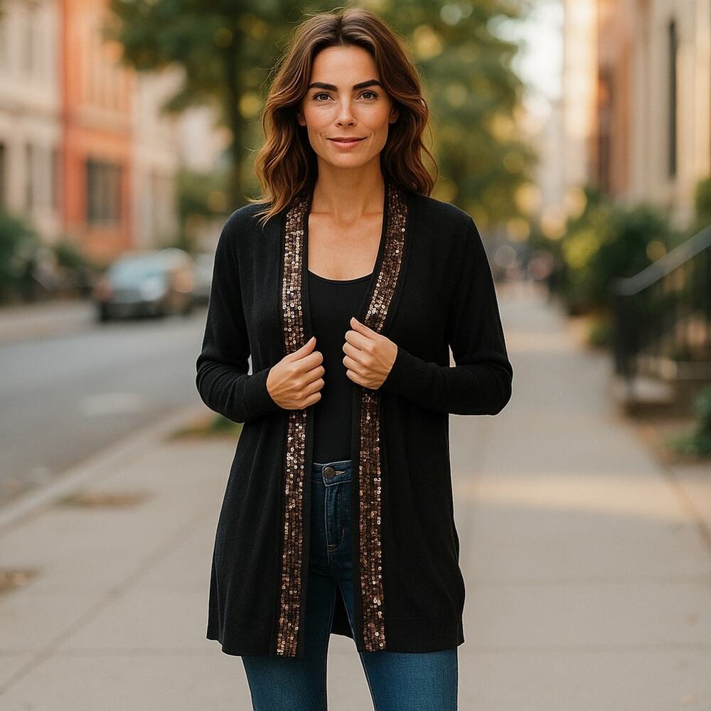 Soma Black Cardigan with Brown Sequin Trim